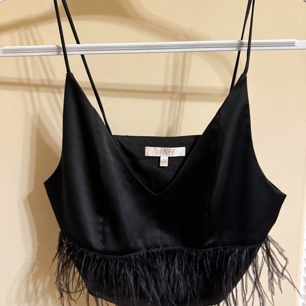 Wayf Black Cropped Cami with Feather Trim - Size XS